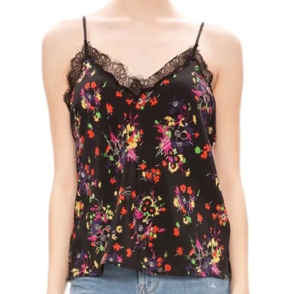 Veronica Beard Gil Floral Print Silk Cami w/Lace in Black Multi Size 12 - Picture 4 of 8